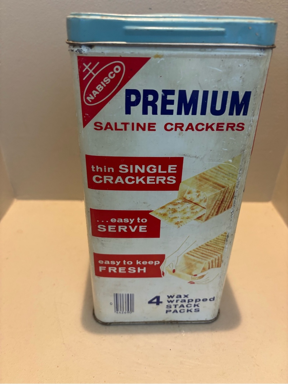1960-70s Premium Saltine Crackers Tin - White soup kitchen collectors grandma